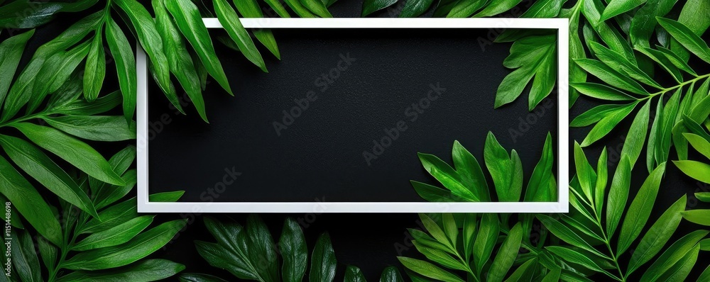 Poster tropical frame concept. a vibrant collection of green leaves framing a dark background for text plac