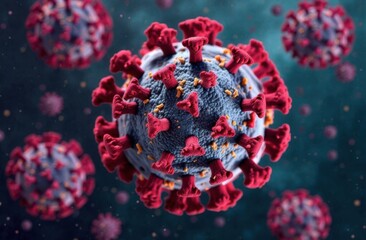 A close-up depiction of the influenza virus, showing its spiked protein structure in vibrant red and other features, set against a blurred dark teal background, symbolizing seasonal outbreaks