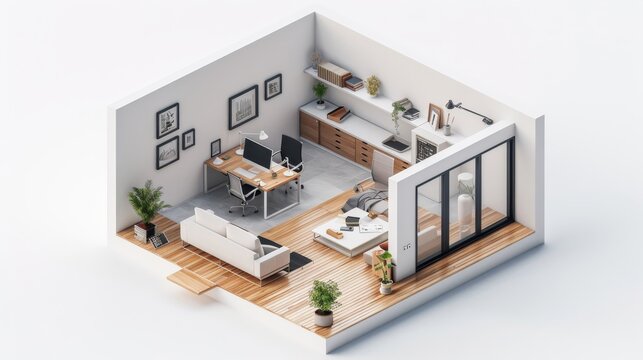 Isometric view of office with accountant work in desk
