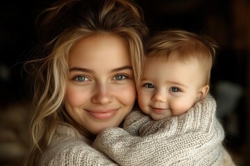 warm scene capturing a mother joyfully holding her smiling baby in a cozy sweater, exchanging smiles that embody love and warmth in family moments