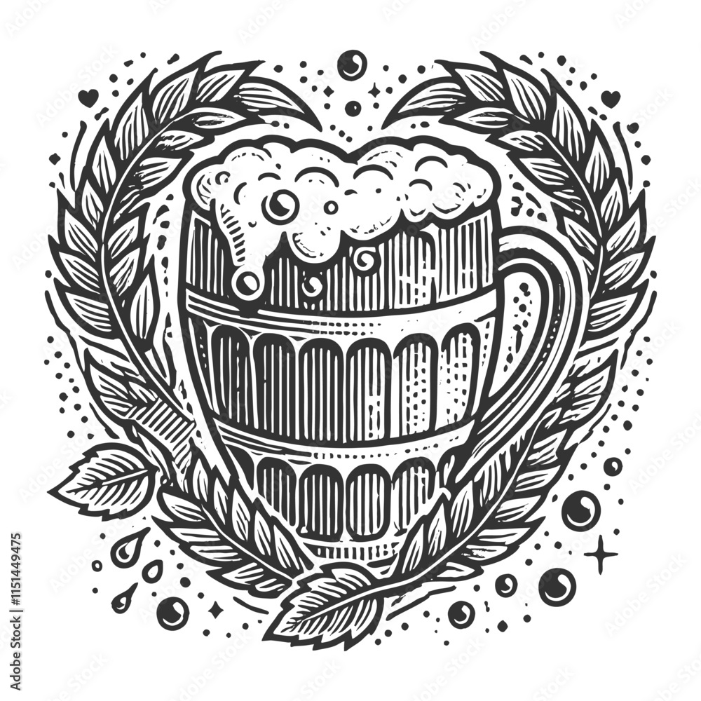 Poster beer mug overflowing with foam, surrounded by hops and barley in a decorative wreath pattern sketch 