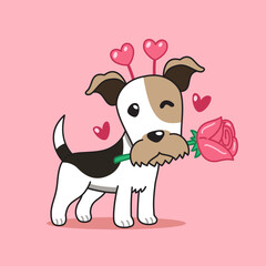 Obraz premium Cartoon vector character wire fox terrier dog with rose in mouth for valentine's day work.