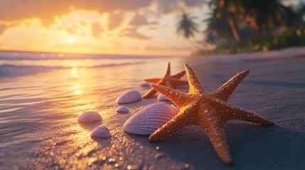 Fototapeta na wymiar Starfish and Seashells Resting on Sandy Beach at Sunset..