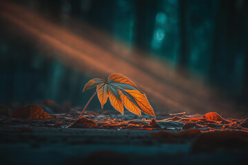 Sunlit Leaf Growing From Soil in a Serene Forest Environment with Soft Light Rays