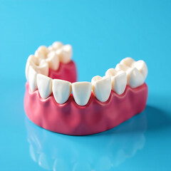 A detailed view of dentures on a blue background highlighting dental care, dentist clinic advertisement with copy space new image