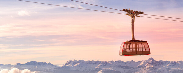 Sunset Alps, cable car, snow mountain peaks banner