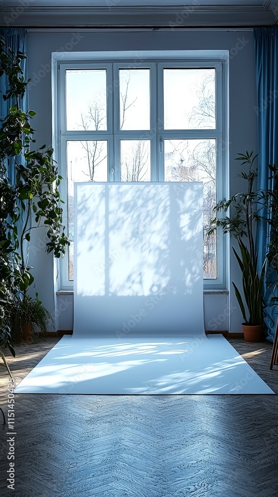 Poster a white backdrop stands in a photo studio by a large window letting in natural light. plants flank t