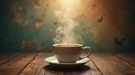 Coffee Cup with Wakeup Word Against Abstract Background