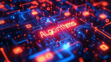 Fototapeta premium A glowing digital marketing maze in vibrant orange and blue neon, with deep learning nodes and holographic words 