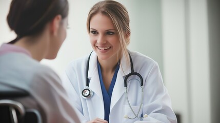 Fototapeta premium Smiling doctor looking at a patient on a wheelchair