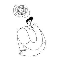 Pensive man deep in his thoughts. Vector illustration on the topic of psychological help in life.