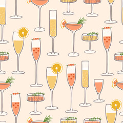 Hand drawn different types of cocktails seamless pattern