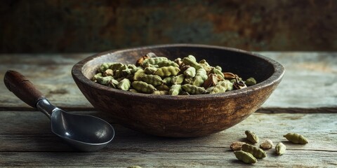 Bowl filled with dry cardamom pods alongside a scoop resting on a wooden table, showcasing the unique texture and appearance of cardamom pods in a rustic setting.