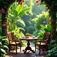 Obraz premium A vibrant tropical garden with a table set for coffee, surrounded by lush greenery and flowers. new image