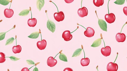 Watercolor Cherries Pattern on a Delicate Pink Background