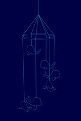 Blue toys whale hanging on ropes illustration isolated on blue background.