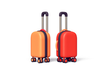 Two simple cute kawaii cartoon suitcases in red orange colors. Concept art time to travel, summer, winter holidays. Colorful travelers suitcases for family vacations. 3d render isolated white backdrop