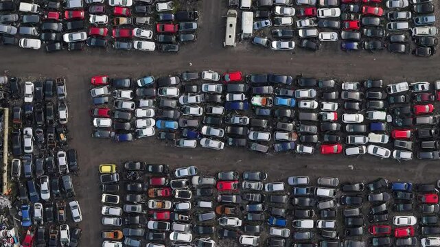 Car scrap yard in Kildare, Ireland, viewed from above, showing many vehicles