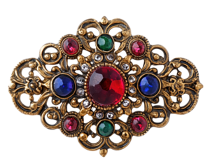 ornate vintage brooch featuring colorful gemstones in red, blue, and green, set in intricate gold toned metalwork, perfect for adding elegance to any outfit