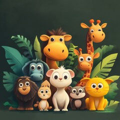 Naklejka premium Adorable Cartoon Animals Posing Together In Jungle Foliage
