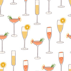 Hand drawn different cocktails seamless pattern