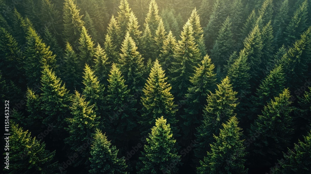 Poster aerial view forest idea. lush green pine trees cover the landscape, creating a serene forest view fr