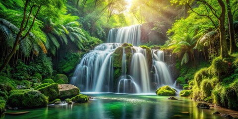 Serene Waterfall Cascading Through Lush, Moss-Covered Rocks in a Vibrant Green Forest