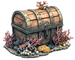 ancient treasure chest adorned with ocean pearls and vibrant coral, resting on sandy seabed. This captivating scene evokes sense of mystery and adventure
