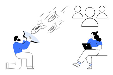 Cybersecurity expert deflecting DDOS attacks with a megaphone while an individual uses a laptop. Ideal for cybersecurity, technology, IT protection, network safety, online threats, digital security