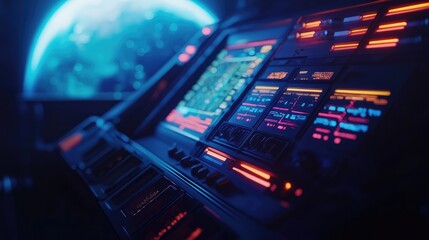 Obraz premium Futuristic control panel with glowing buttons and Earth backdrop