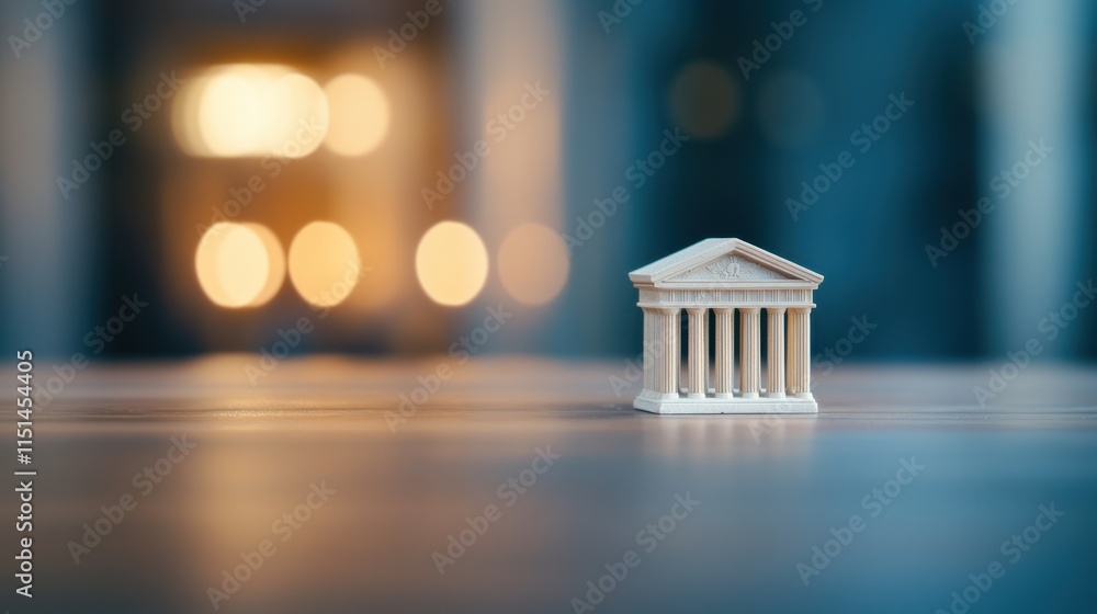Poster a small architectural model of a classic building with columns, set against a blurred, warm backgrou