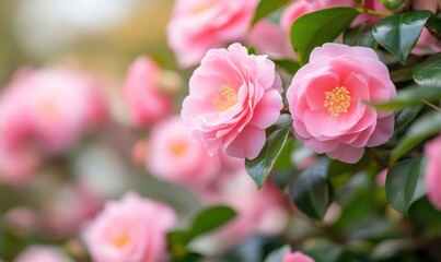 Obraz premium A close-up of pink camellia flowers with lush green leaves, capturing their delicate beauty in a soft, blurred background.