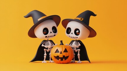 Two Cute Skeletons Present Halloween Pumpkin on Orange Background.