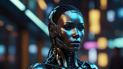 Digital Android Robots Controlled by AI Created with Generative AI technology