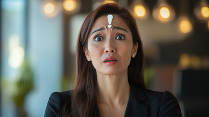 Fototapeta premium Business concept background. Exclamation mark above the head of a mature Asian businesswoman. An employee who is facing a problem with his work. Work-related hazard warning or information error