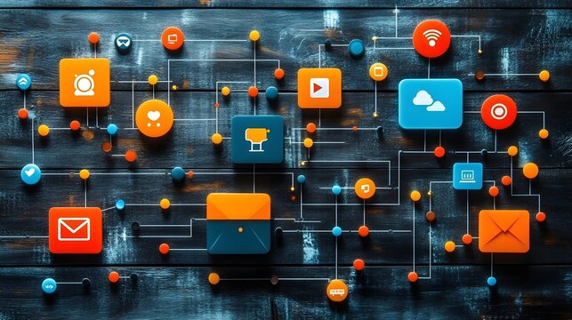 A multichannel strategy board featuring diagrams of apps, emails, social media, and website interactions - Powered by Adobe