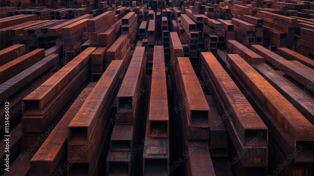 Poster aerial view of industrial metal beams arranged in parallel, showcasing their rusty textures and patt