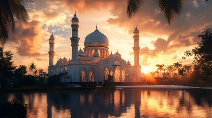 luxurious and magnificent mosque building, with a large and beautiful garden, with a beautiful view of the sunset in the afternoon