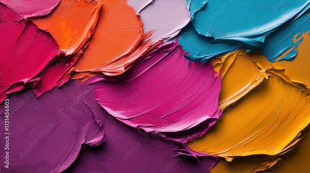 Poster abstract colorful paint strokes on canvas in vibrant hues of pink, orange, blue, and yellow creating