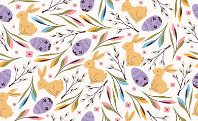 Modern Easter seamless pattern with egg, crocus, willow, rabbit, spring flowers. Happy Easter pattern in flat style for background, kids textiles, posters, banners, greeting cards. Vector illustration