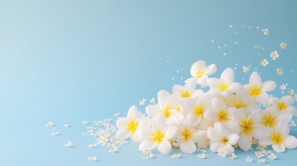 elegant white frangipani flower on a smooth white surface, showcasing serene floral beauty