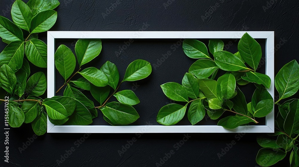 Poster tropical frame concept. fresh green leaves arranged in a white frame on a dark background for a mode