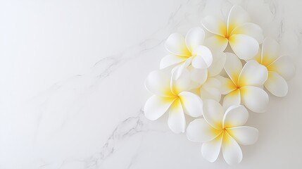 Fototapeta premium elegant white frangipani flower on a smooth white surface, showcasing serene floral beauty