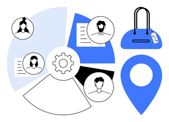 Profiles, documents, gear, handbag, and location marker arranged around a pie chart. Ideal for business strategy, team management, retail analysis logistics planning market research. Line metaphor