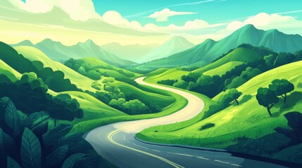 Fototapeta premium Winding Road Curves Through Lush Green Mountains and Valleys..