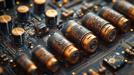 Closeup of intricate electronic circuit board components