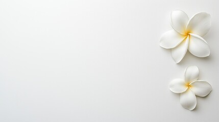 Naklejka premium elegant white frangipani flower on a smooth white surface, showcasing serene floral beauty