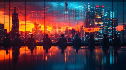 Corporate professionals in a vector illustration meeting, blurred graph highlighting benchmarking data subtly in the backdrop