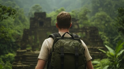 Travel Adventure for Nature Exploration: Backpacker Trekking into Ancient Ruins in Lush Jungle Environment