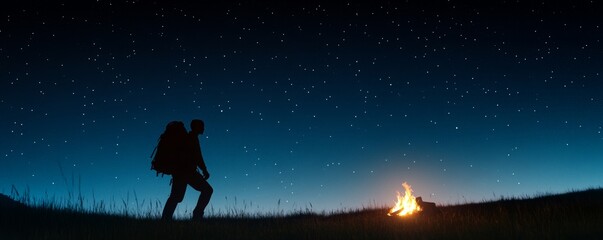 Hiker's Travel Adventure: Silhouette of Backpacker by Campfire Under Night Sky Full of Stars